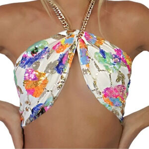 NEW! 4-in-1 Style Cropped Floral Sequin Tie Back Gold Chain Halter Top